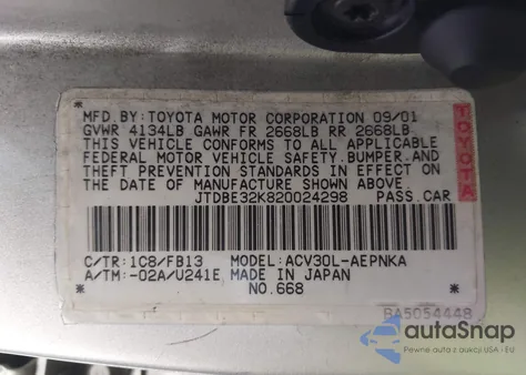 2002 Toyota Camry Le from USA, damaged, VIN JTDBE32K820024298